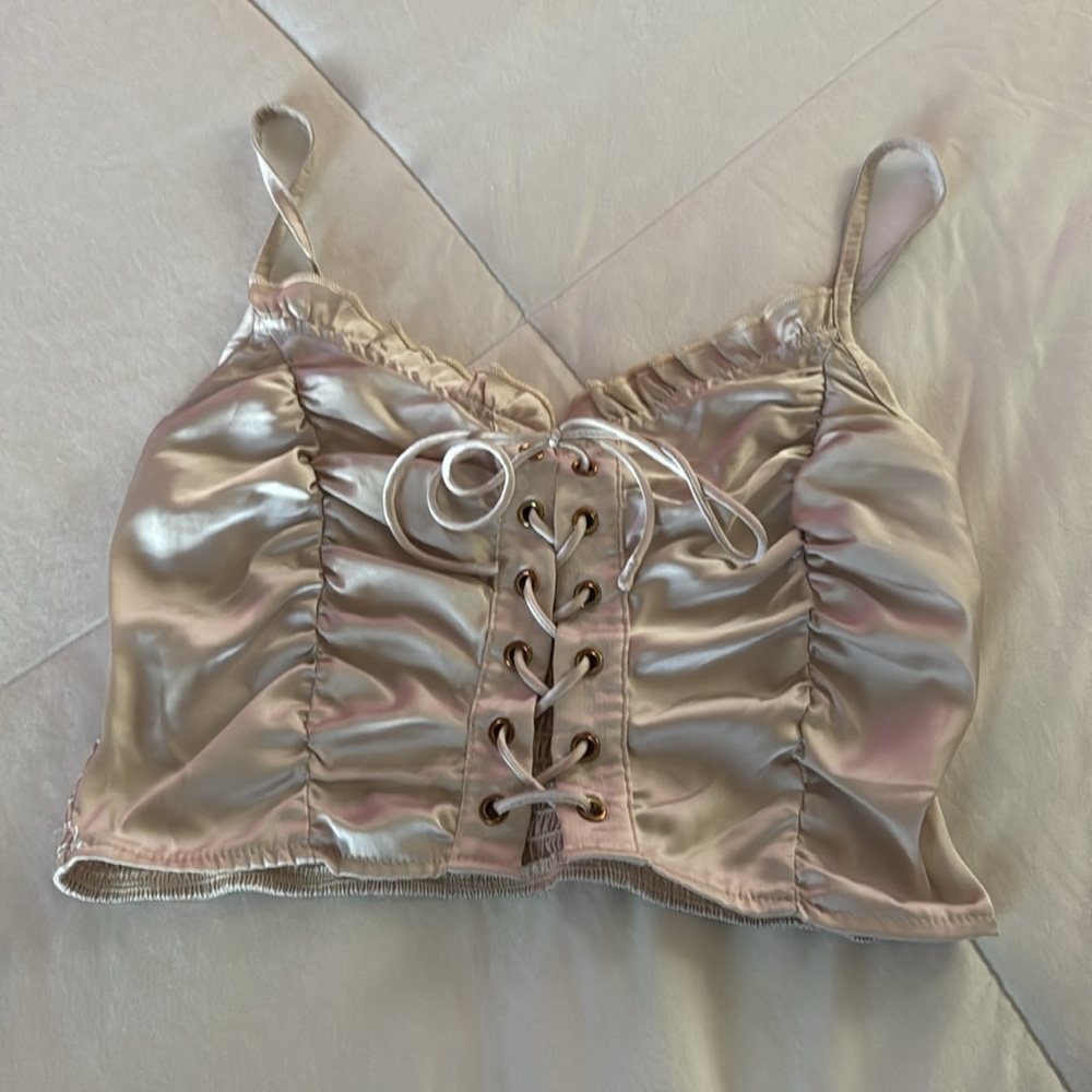 Cider Satin Lace-Up Crop Top in Champagne Size Extra Small (Stretchy)